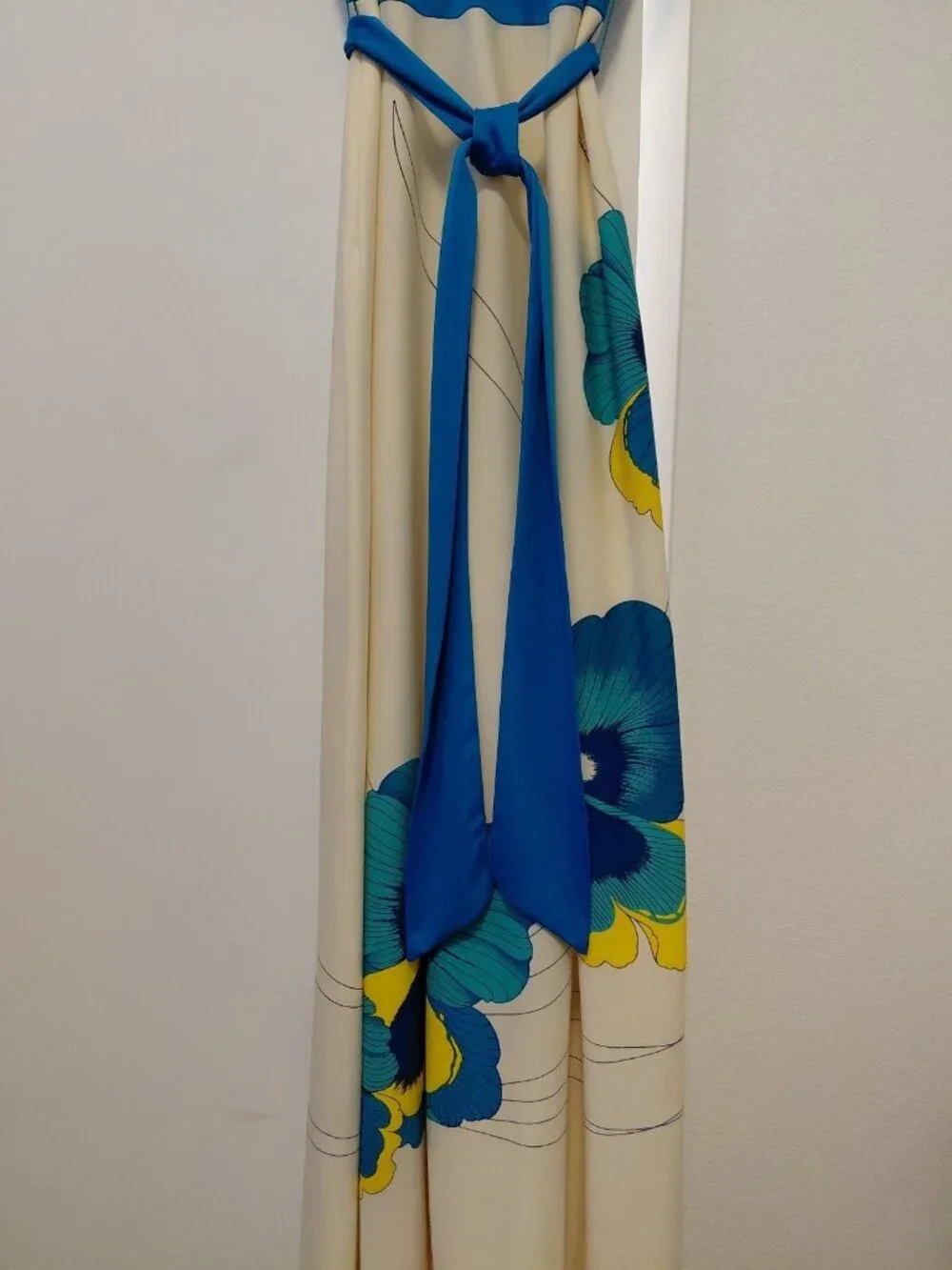 Vintage Alfred Shaheen 70s Designer Hawaiian Floral  Maxi Dress 6 White Blue - Picture 4 of 10